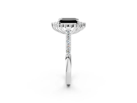 White gold Fancy Black Emerald Cut Cut Diamond Sunburst Halo Engagement Ring with Pavé Band_14