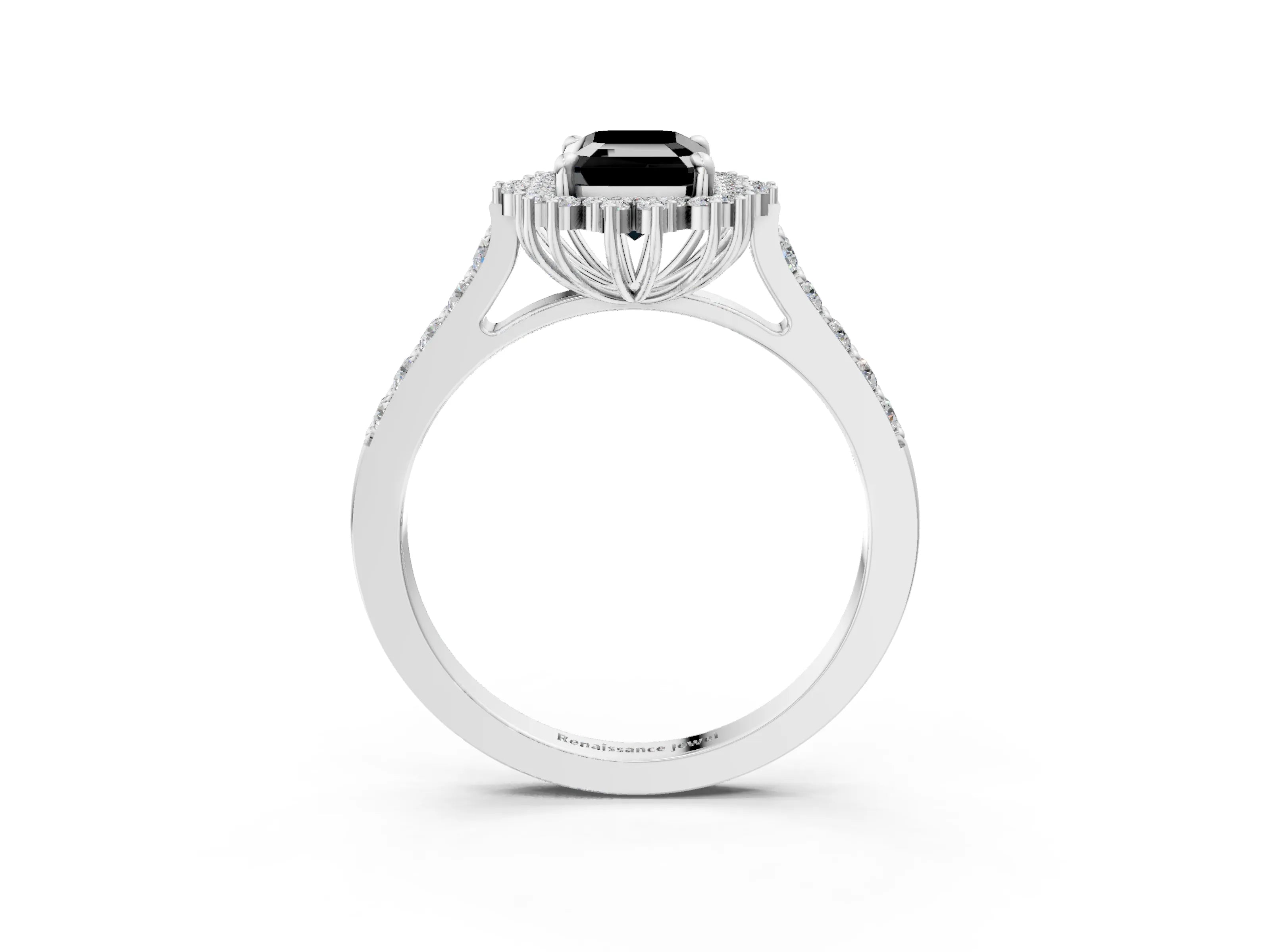 White gold Fancy Black Emerald Cut Cut Diamond Sunburst Halo Engagement Ring with Pavé Band_15