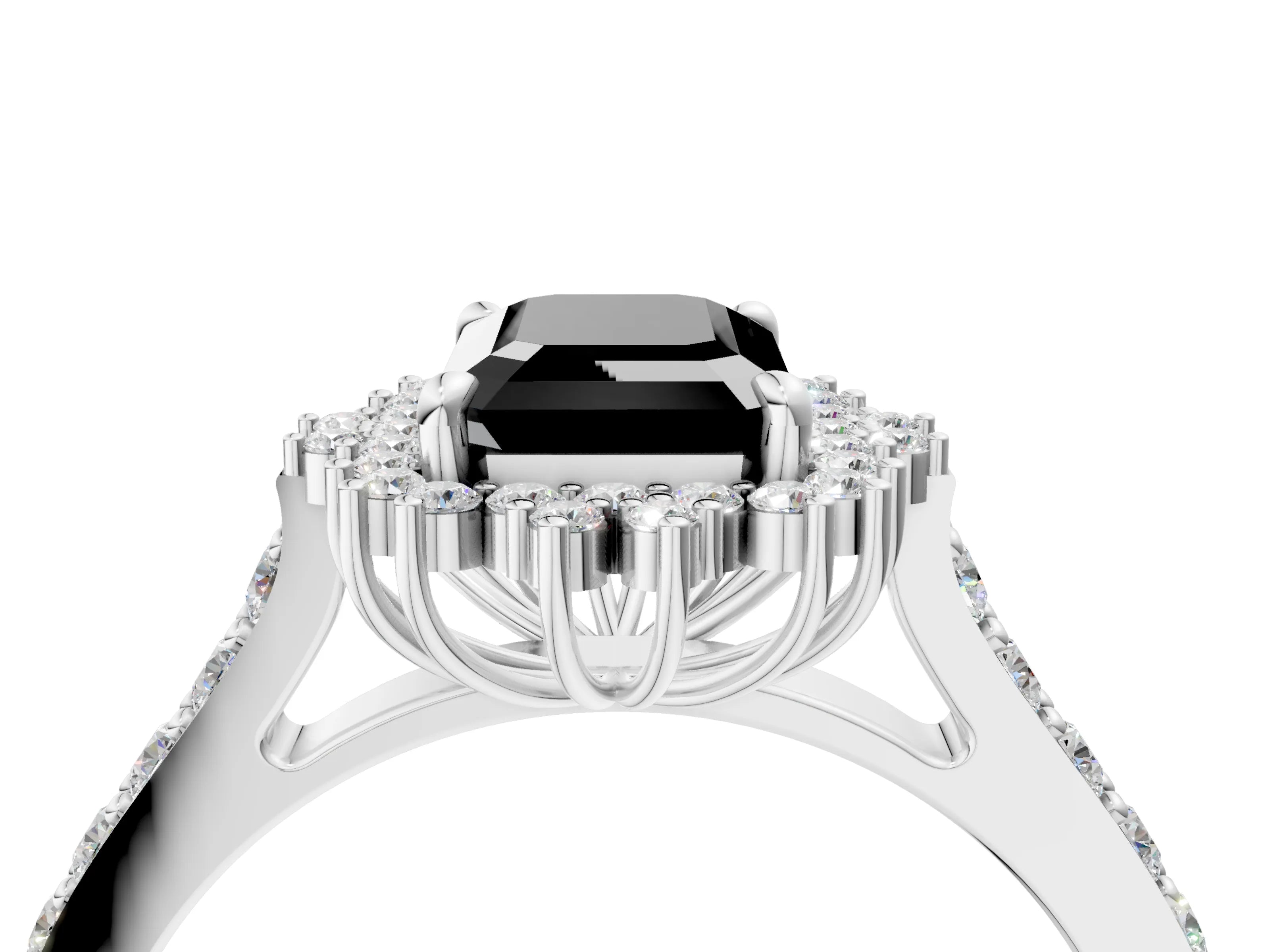 White gold Fancy Black Emerald Cut Cut Diamond Sunburst Halo Engagement Ring with Pavé Band_16