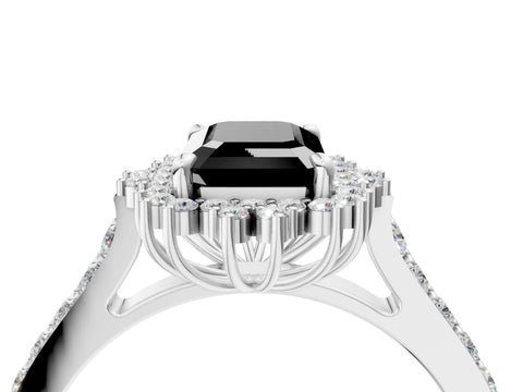 White gold Fancy Black Emerald Cut Cut Diamond Sunburst Halo Engagement Ring with Pavé Band_16