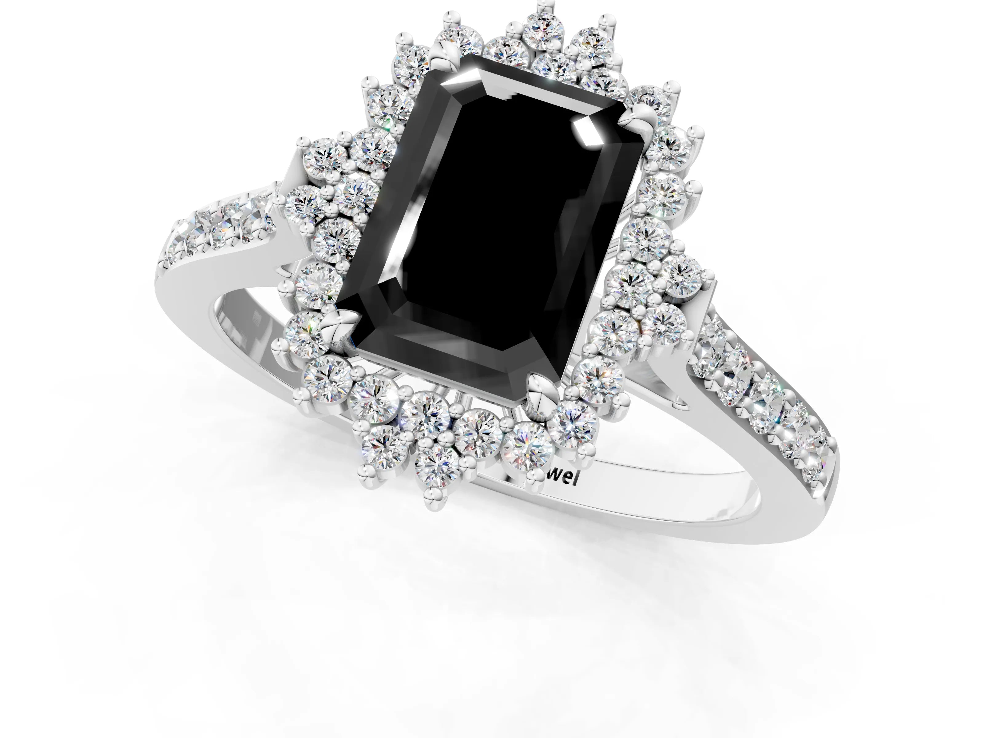 White gold Fancy Black Emerald Cut Cut Diamond Sunburst Halo Engagement Ring with Pavé Band_1