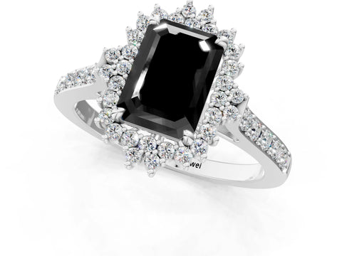 White gold Fancy Black Emerald Cut Cut Diamond Sunburst Halo Engagement Ring with Pavé Band_1