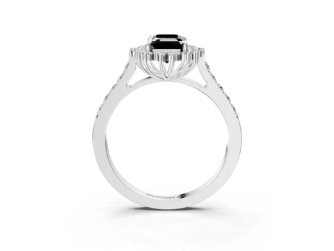 White gold Fancy Black Emerald Cut Cut Diamond Sunburst Halo Engagement Ring with Pavé Band_3