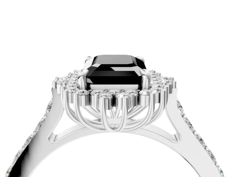 White gold Fancy Black Emerald Cut Cut Diamond Sunburst Halo Engagement Ring with Pavé Band_4