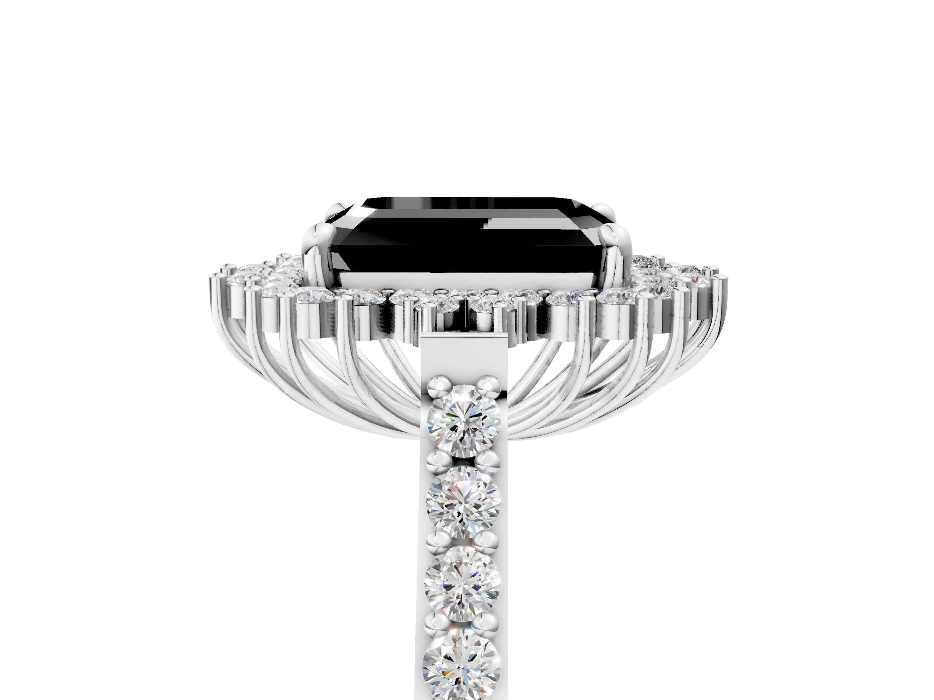 White gold Fancy Black Emerald Cut Cut Diamond Sunburst Halo Engagement Ring with Pavé Band_5