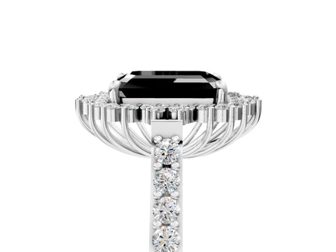 White gold Fancy Black Emerald Cut Cut Diamond Sunburst Halo Engagement Ring with Pavé Band_5