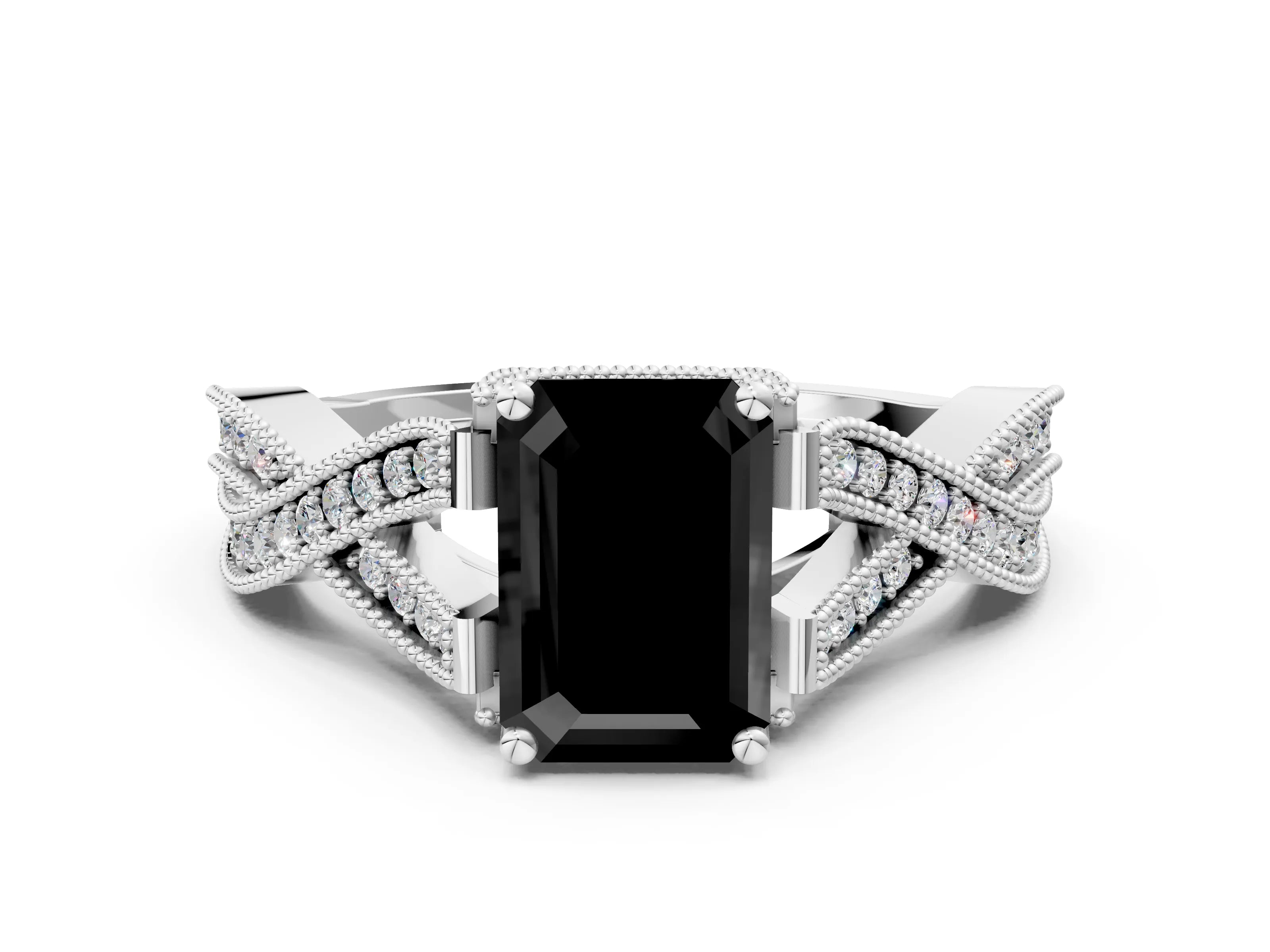 White gold Fancy Black Emerald Cut Cut Diamond Twisted Band with Milgrain Pave Setting and Four-Prong Setting_1