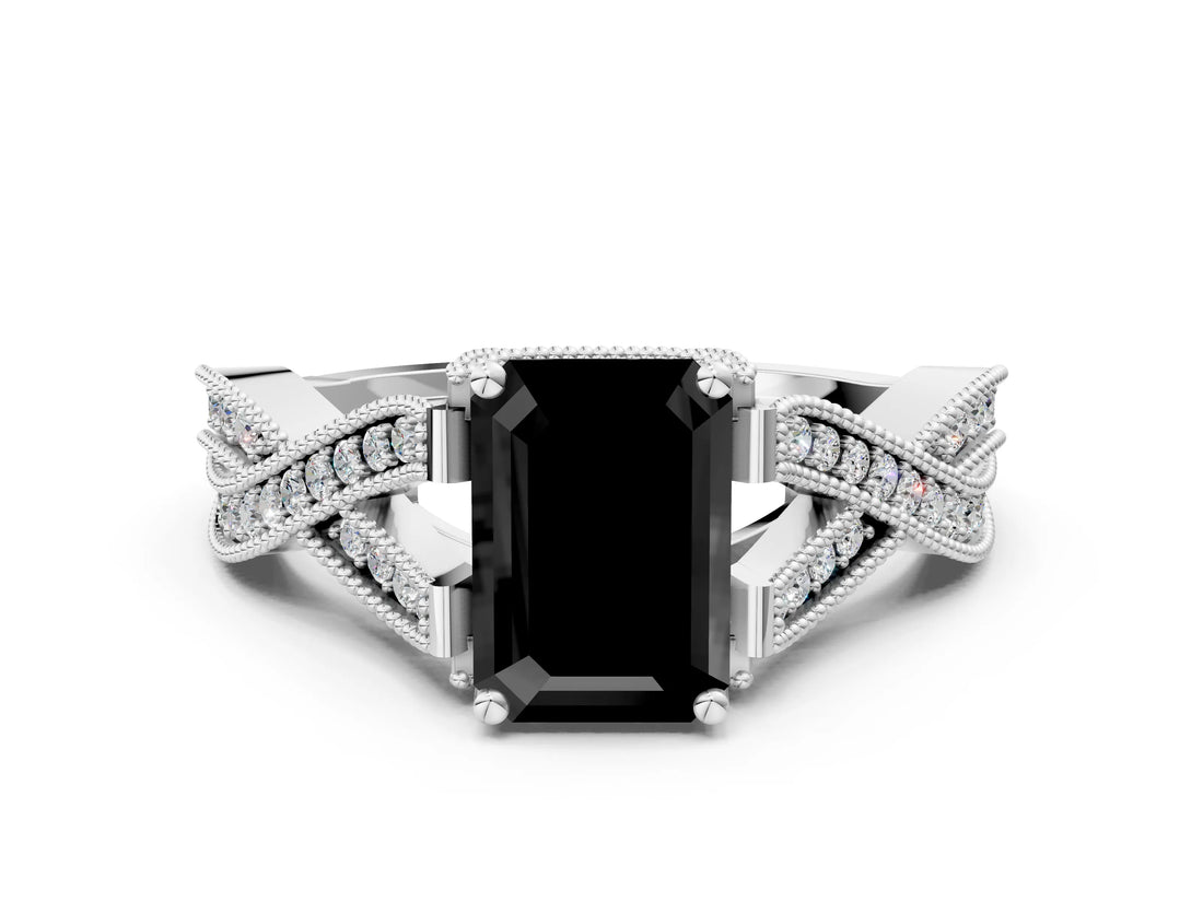 White gold Fancy Black Emerald Cut Cut Diamond Twisted Band with Milgrain Pave Setting and Four-Prong Setting_12