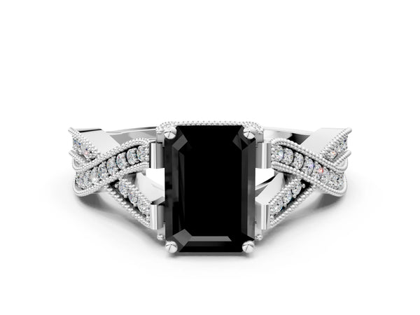 White Gold Emerald Cut Graduated Pave Twist Engagement Ring Setting for Black Center