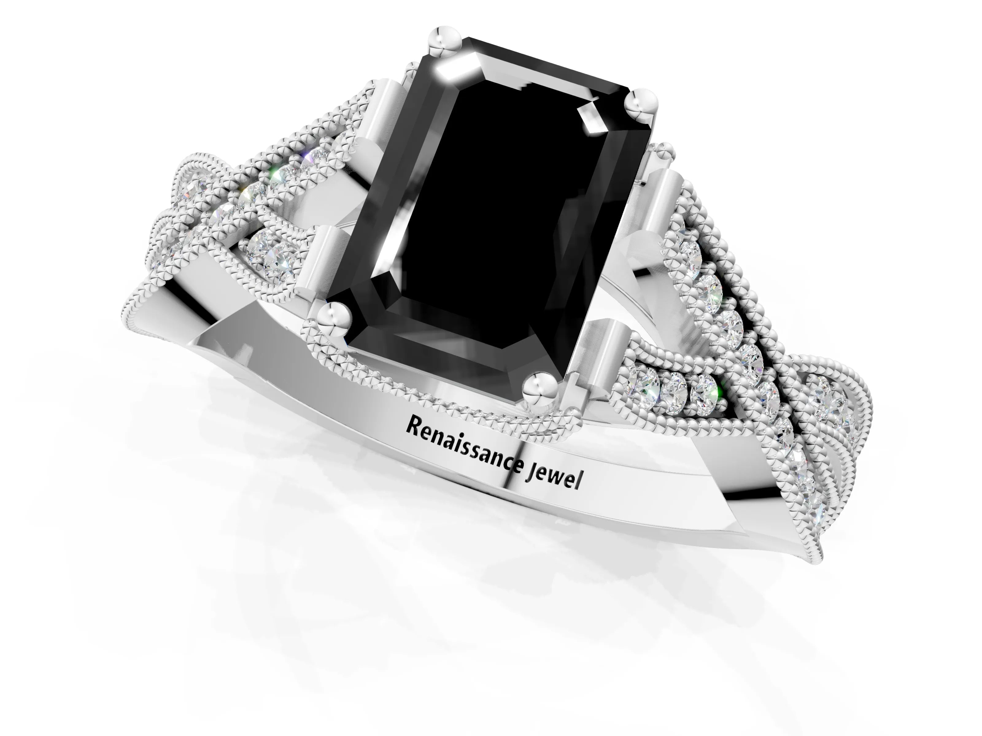 White gold Fancy Black Emerald Cut Cut Diamond Twisted Band with Milgrain Pave Setting and Four-Prong Setting_13