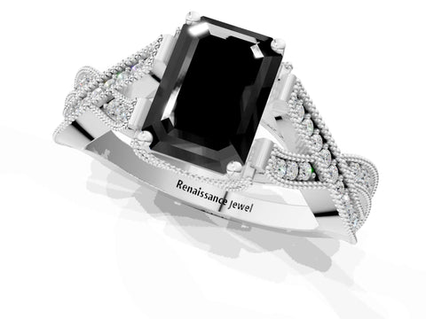 White gold Fancy Black Emerald Cut Cut Diamond Twisted Band with Milgrain Pave Setting and Four-Prong Setting_13