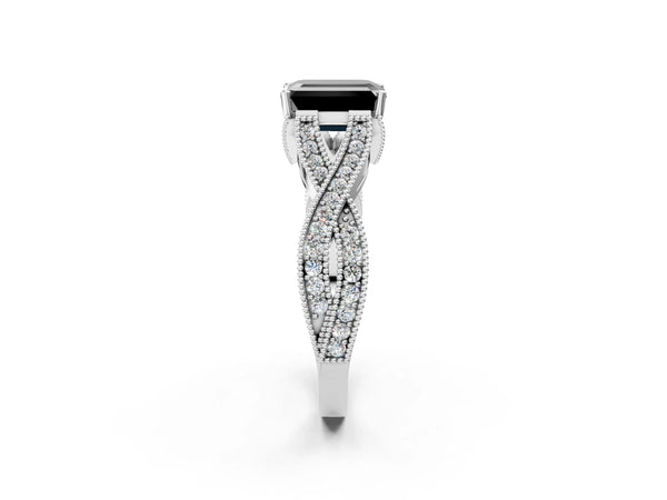 White Gold Emerald Cut Graduated Pave Twist Engagement Ring Setting for Black Center