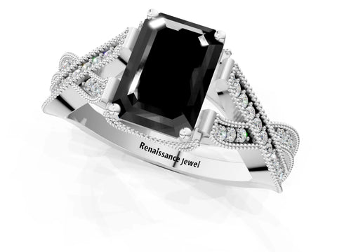 White gold Fancy Black Emerald Cut Cut Diamond Twisted Band with Milgrain Pave Setting and Four-Prong Setting_2