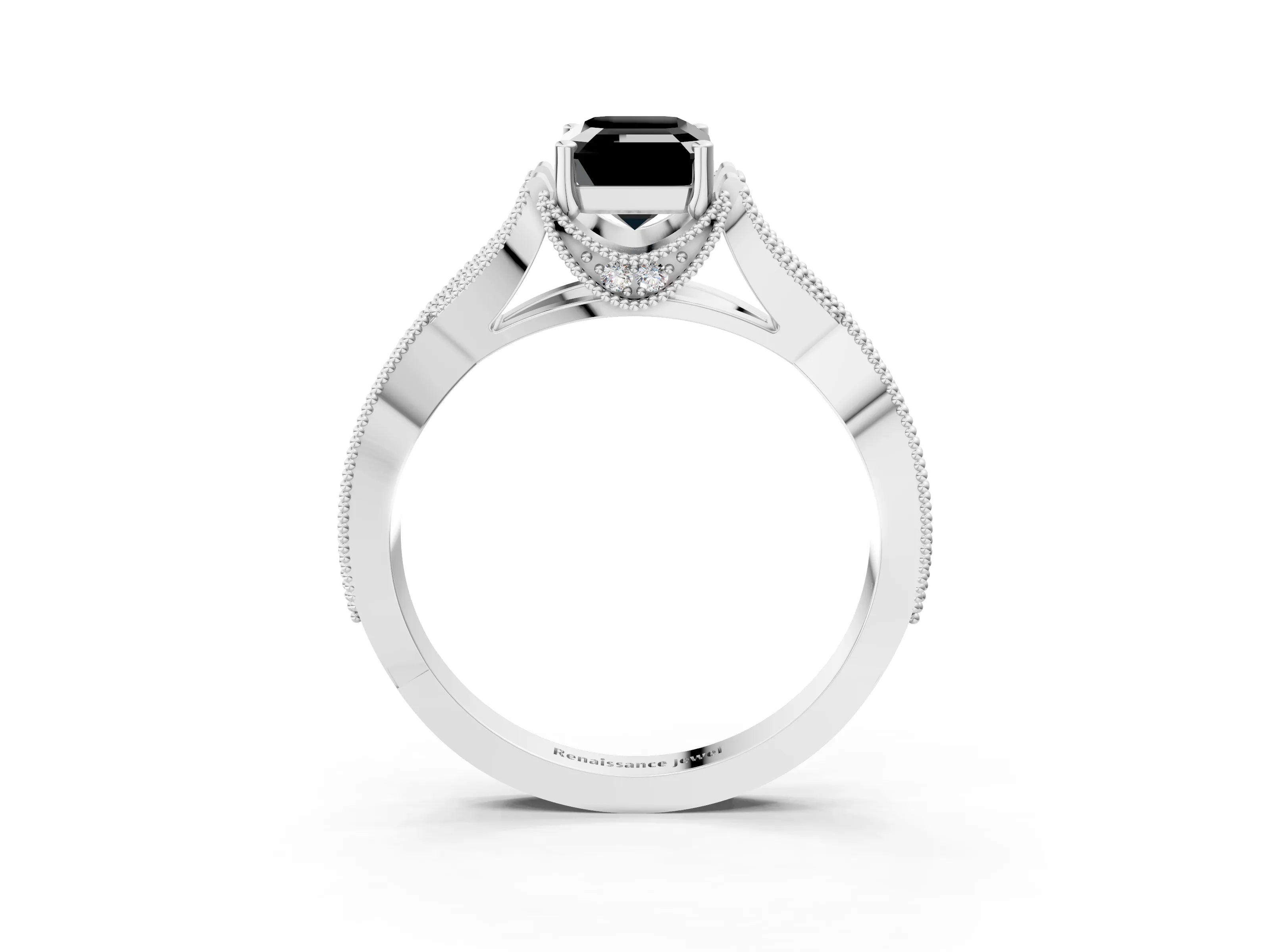White gold Fancy Black Emerald Cut Cut Diamond Twisted Band with Milgrain Pave Setting and Four-Prong Setting_3
