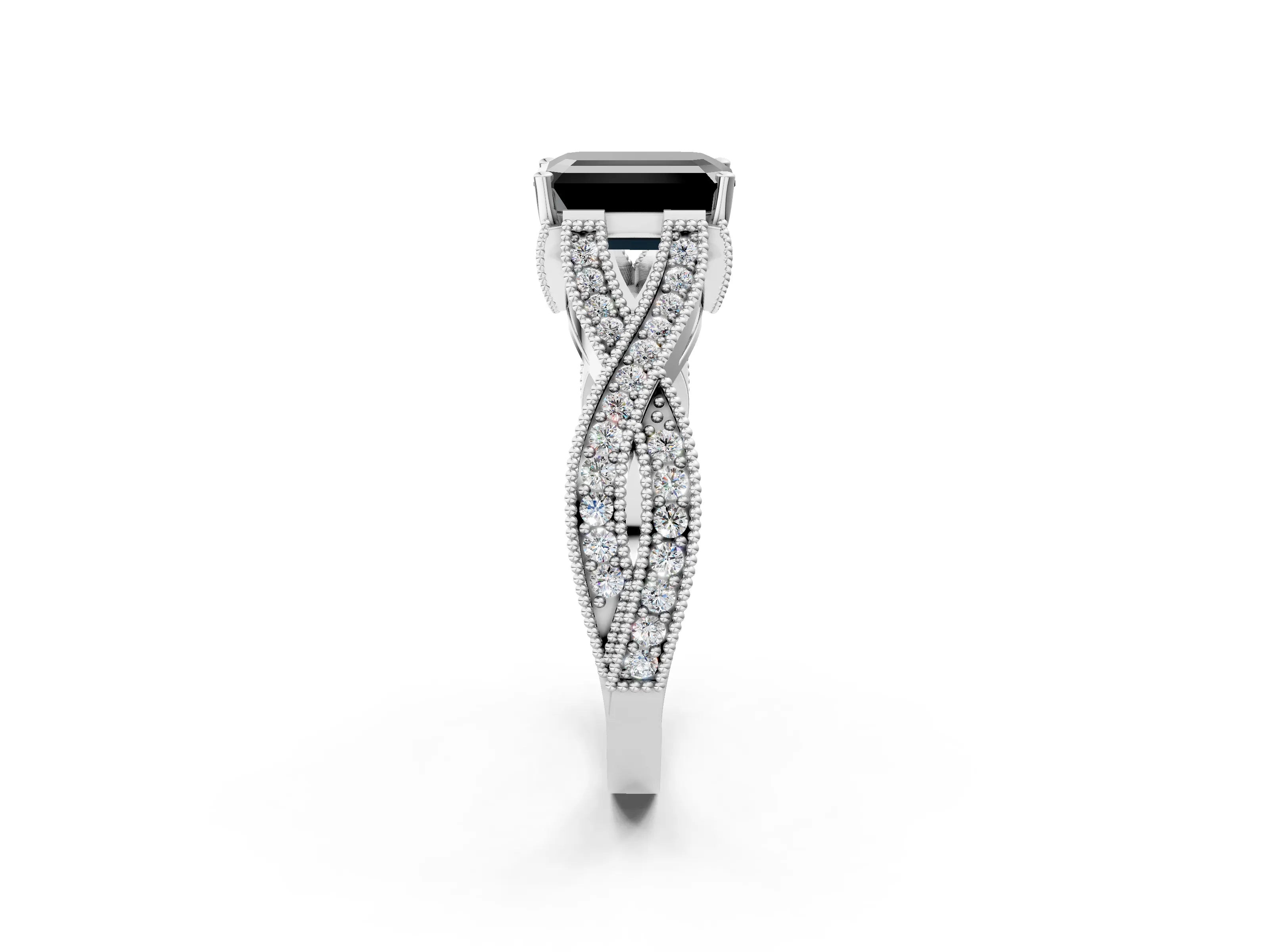 White gold Fancy Black Emerald Cut Cut Diamond Twisted Band with Milgrain Pave Setting and Four-Prong Setting_3