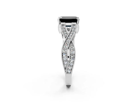 White gold Fancy Black Emerald Cut Cut Diamond Twisted Band with Milgrain Pave Setting and Four-Prong Setting_3