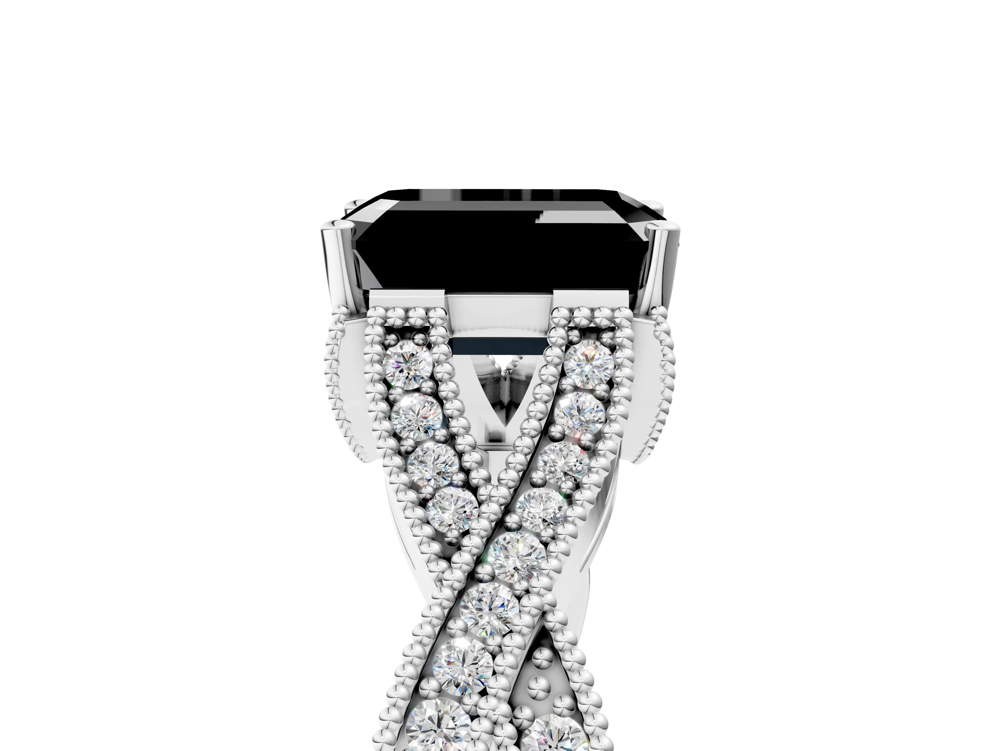 White gold Fancy Black Emerald Cut Cut Diamond Twisted Band with Milgrain Pave Setting and Four-Prong Setting_6