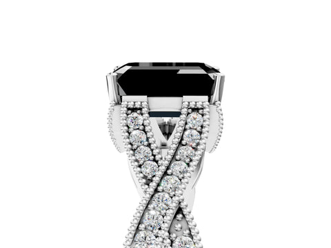 White gold Fancy Black Emerald Cut Cut Diamond Twisted Band with Milgrain Pave Setting and Four-Prong Setting_6