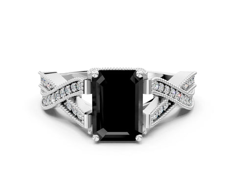 White gold Fancy Black Emerald Cut Cut Diamond Twisted Band with Milgrain Pave Setting and Four-Prong Setting