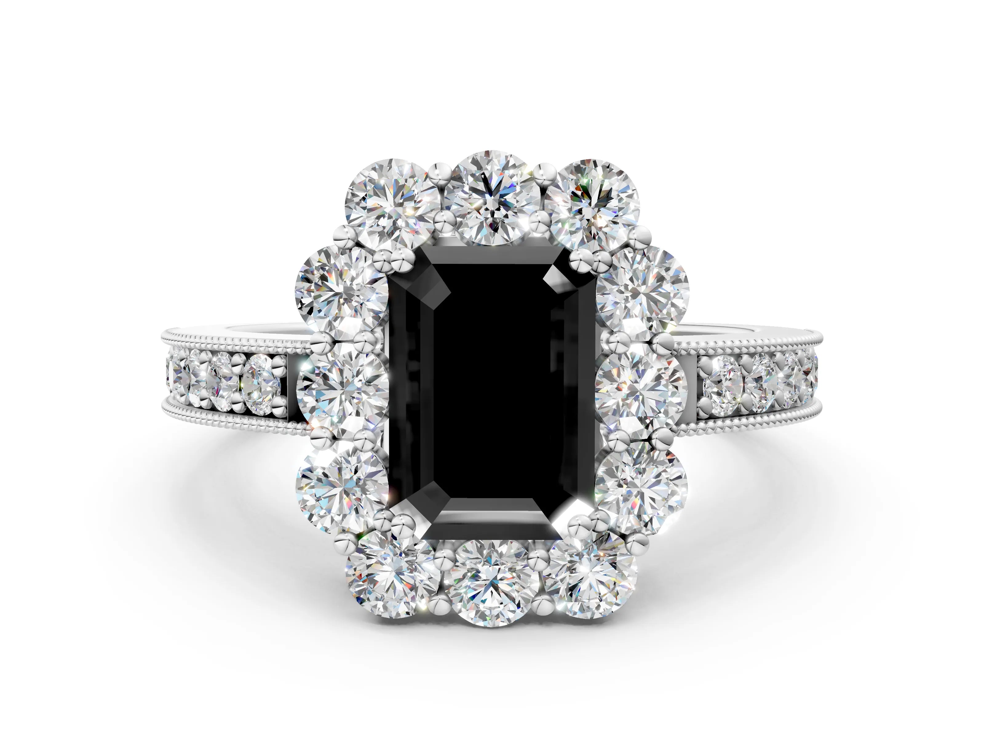 White gold Fancy Black Emerald Cut Cut Halo Diamond Pavé Engagement Ring with Milgrain Detailing_24