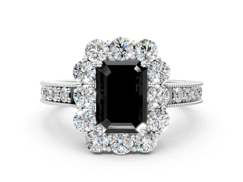 White gold Fancy Black Emerald Cut Cut Halo Diamond Pavé Engagement Ring with Milgrain Detailing_24