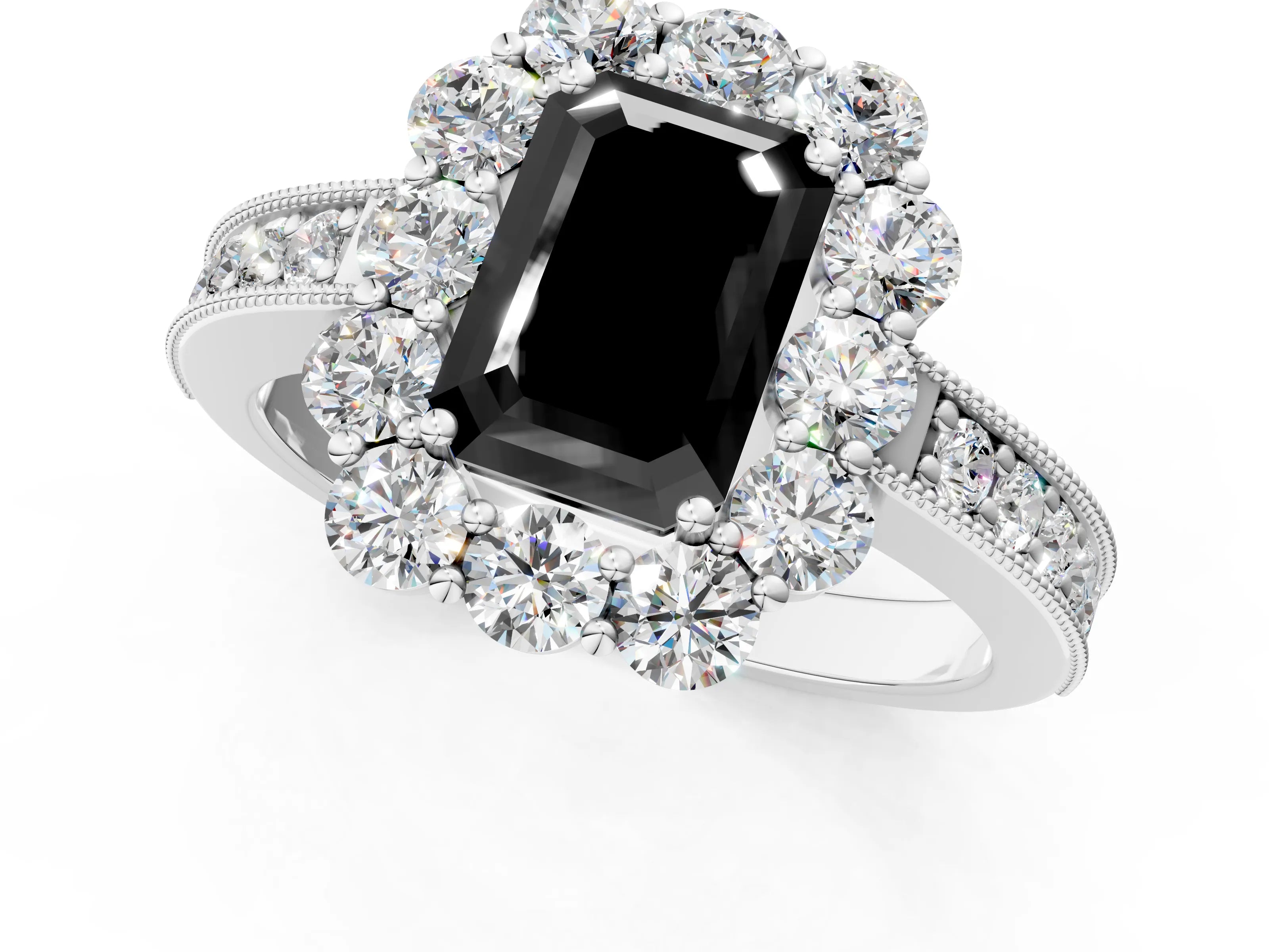 White gold Fancy Black Emerald Cut Cut Halo Diamond Pavé Engagement Ring with Milgrain Detailing_25