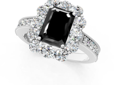 White gold Fancy Black Emerald Cut Cut Halo Diamond Pavé Engagement Ring with Milgrain Detailing_25