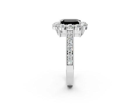 White gold Fancy Black Emerald Cut Cut Halo Diamond Pavé Engagement Ring with Milgrain Detailing_26