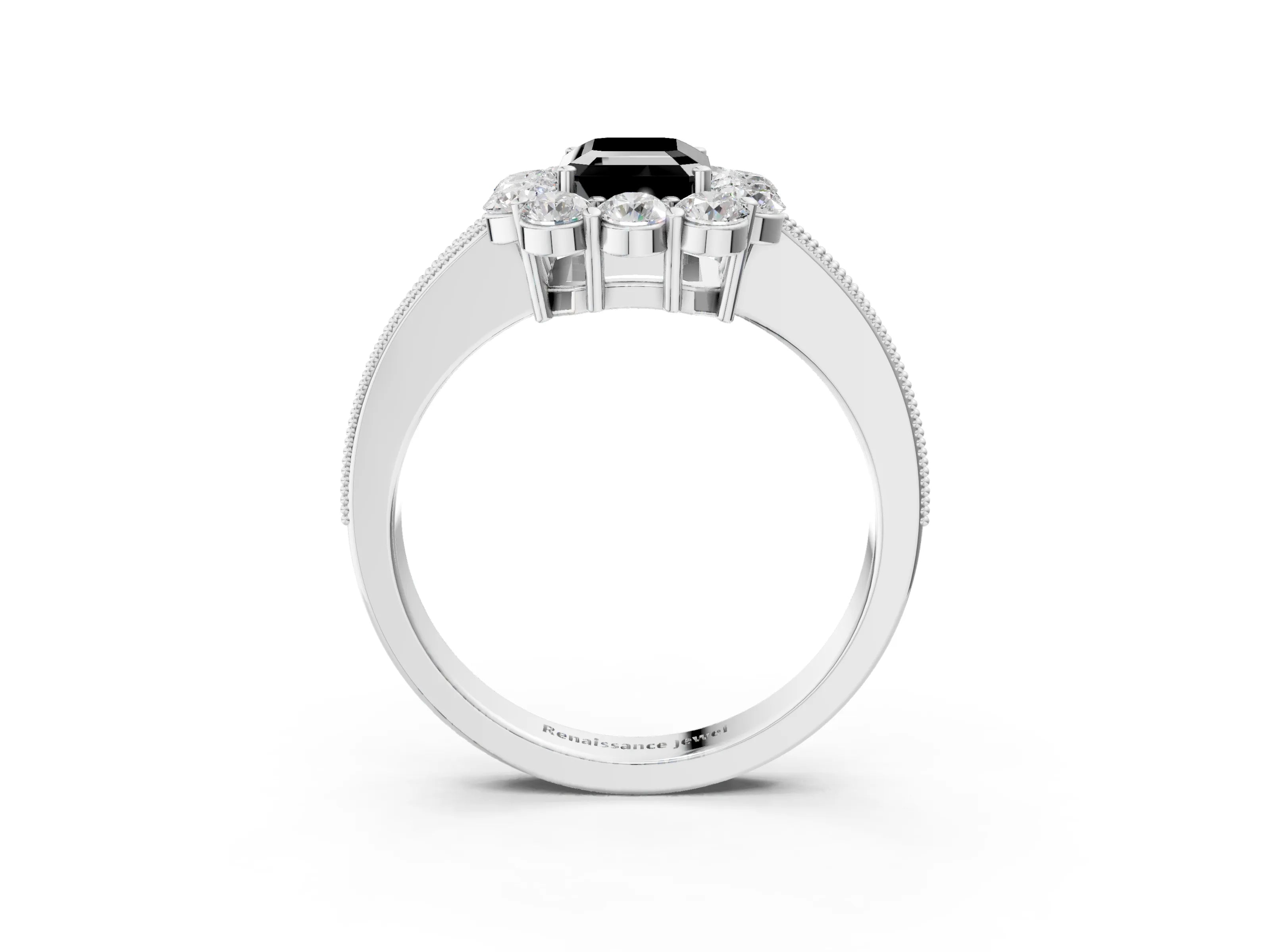 White gold Fancy Black Emerald Cut Cut Halo Diamond Pavé Engagement Ring with Milgrain Detailing_27