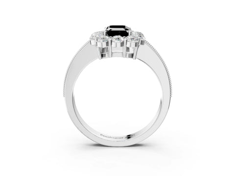 White gold Fancy Black Emerald Cut Cut Halo Diamond Pavé Engagement Ring with Milgrain Detailing_27