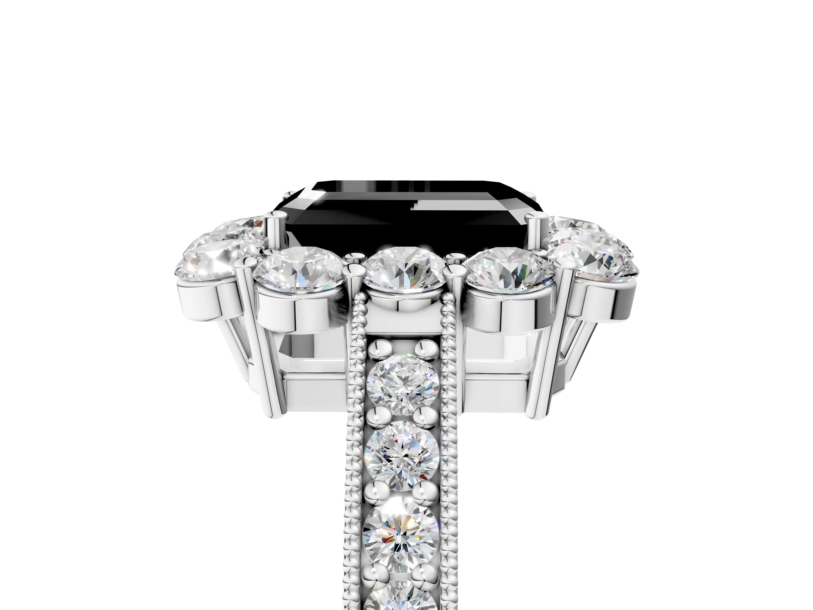White gold Fancy Black Emerald Cut Cut Halo Diamond Pavé Engagement Ring with Milgrain Detailing_29