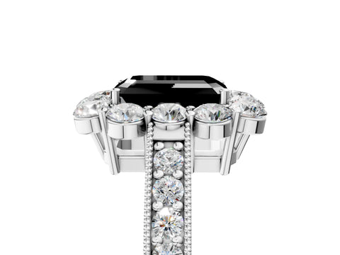White gold Fancy Black Emerald Cut Cut Halo Diamond Pavé Engagement Ring with Milgrain Detailing_29