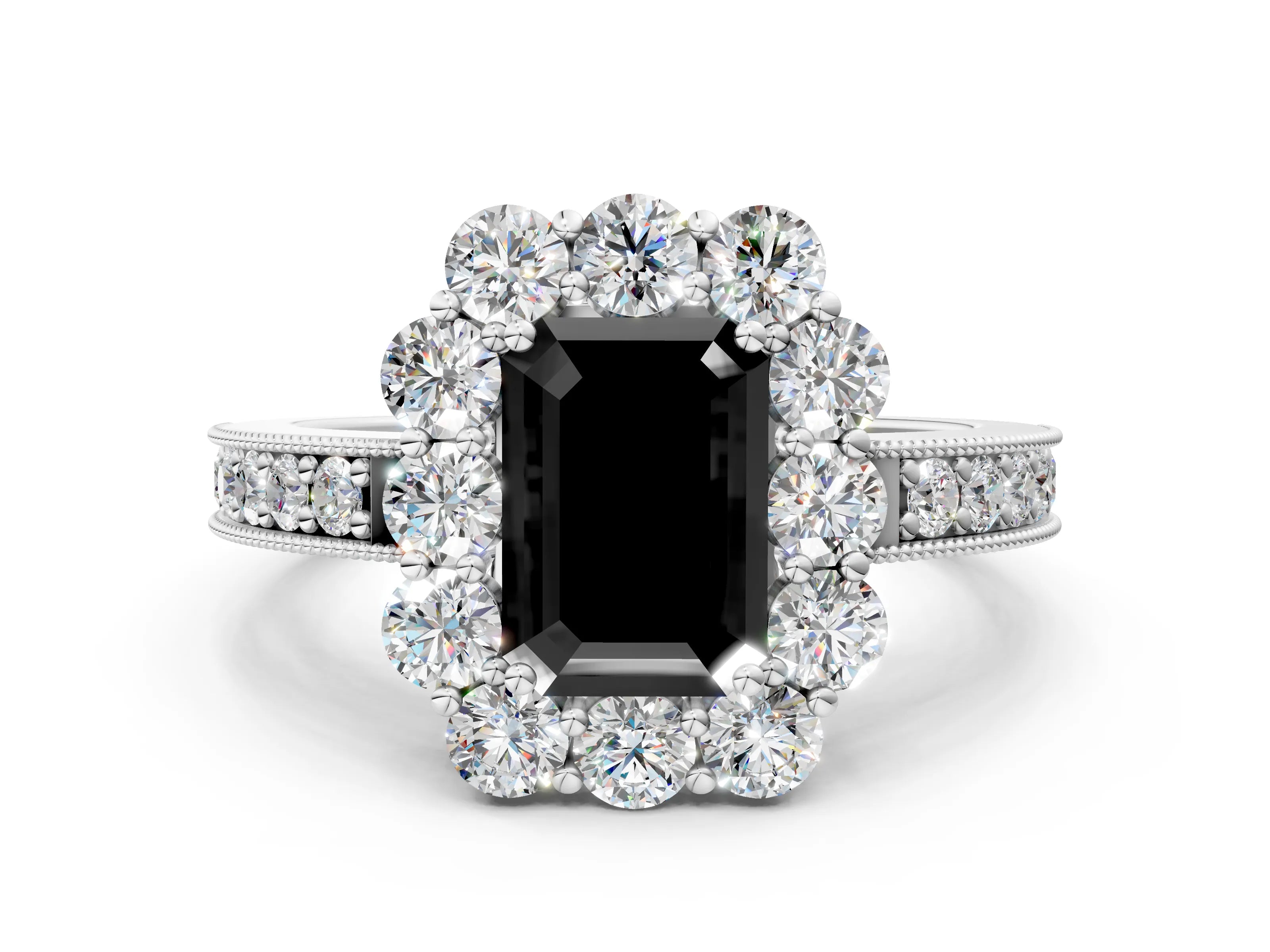 White gold Fancy Black Emerald Cut Cut Halo Diamond Pavé Engagement Ring with Milgrain Detailing_36