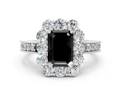 White gold Fancy Black Emerald Cut Cut Halo Diamond Pavé Engagement Ring with Milgrain Detailing_36