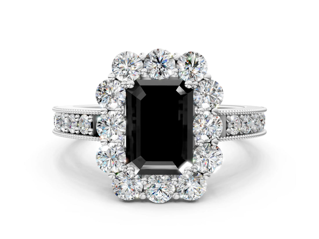 White gold Fancy Black Emerald Cut Cut Halo Diamond Pavé Engagement Ring with Milgrain Detailing_36