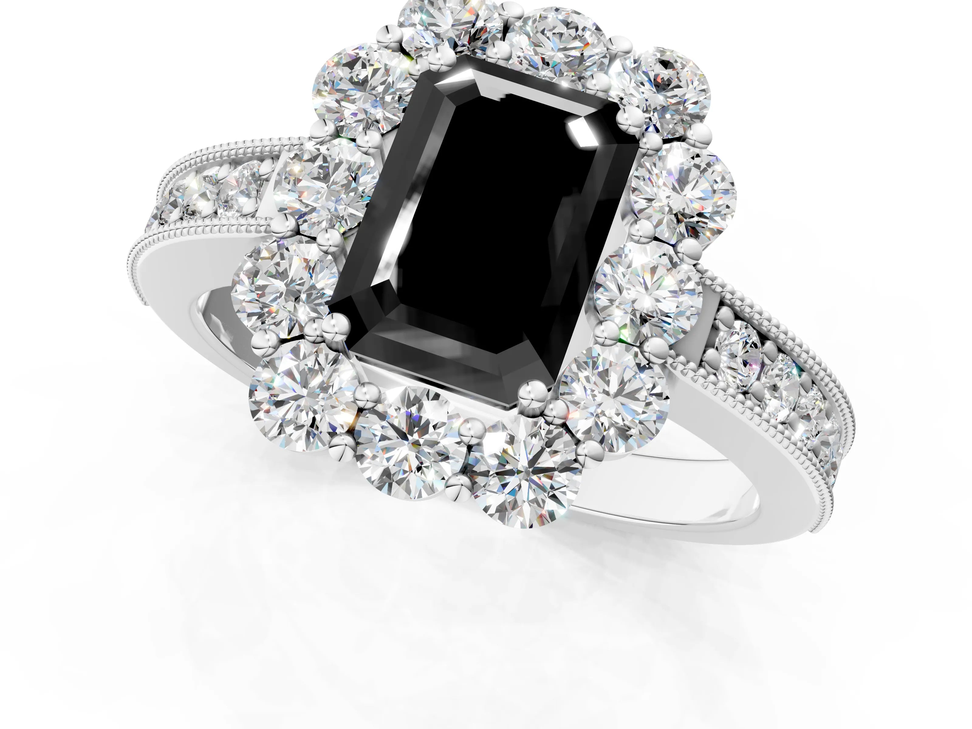 White gold Fancy Black Emerald Cut Cut Halo Diamond Pavé Engagement Ring with Milgrain Detailing_37