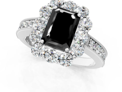 White gold Fancy Black Emerald Cut Cut Halo Diamond Pavé Engagement Ring with Milgrain Detailing_37