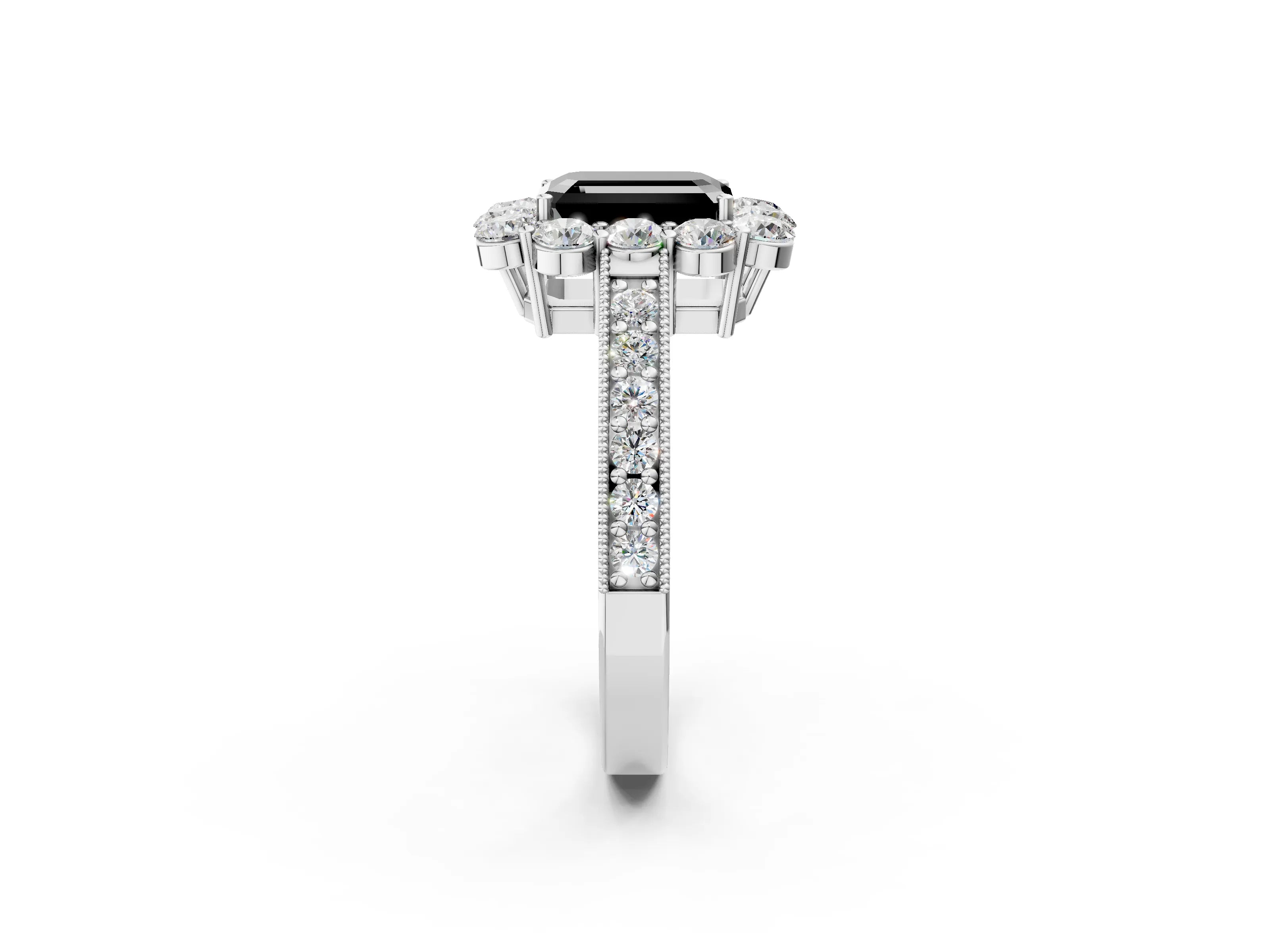 White gold Fancy Black Emerald Cut Cut Halo Diamond Pavé Engagement Ring with Milgrain Detailing_38