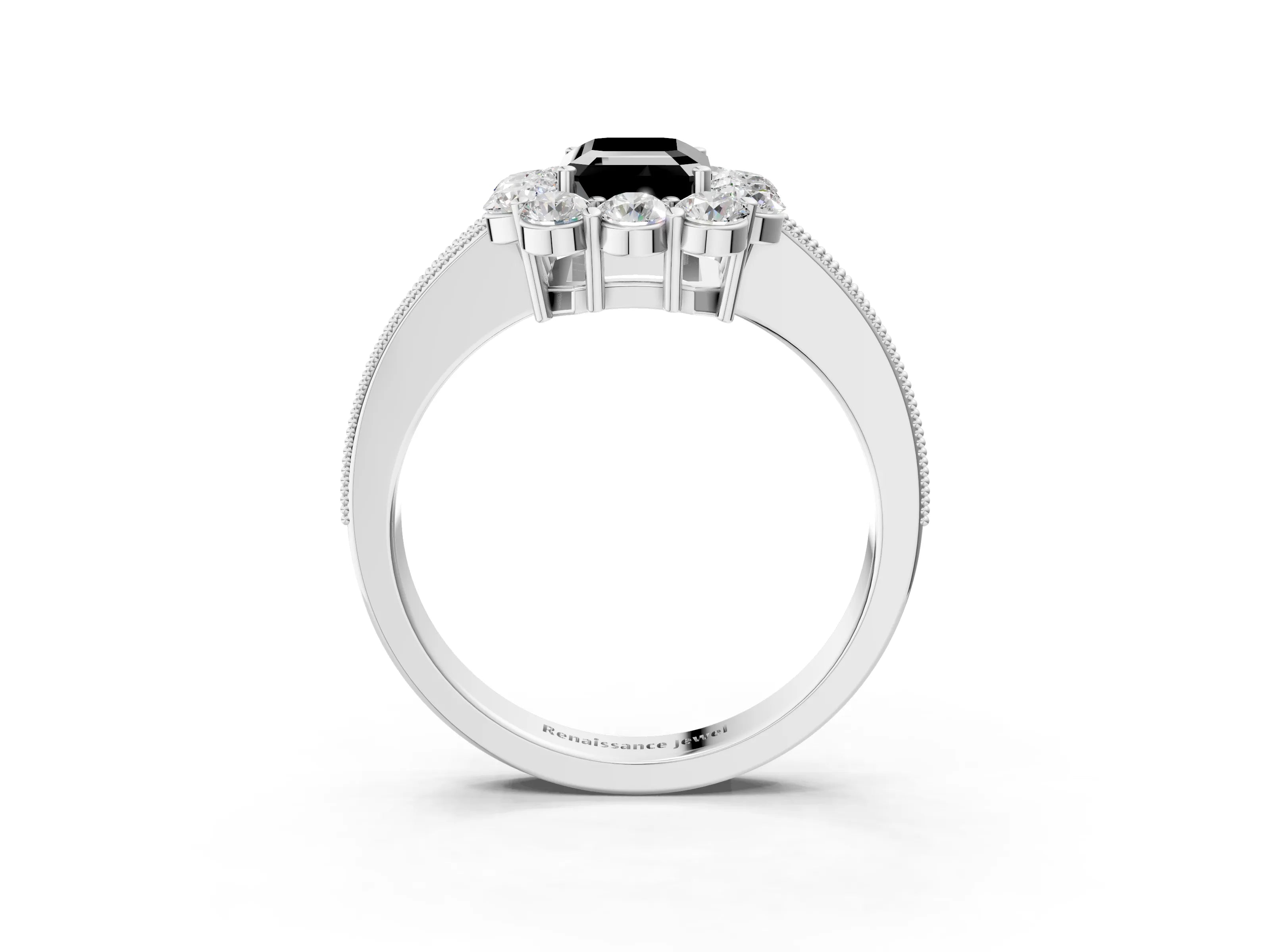 White gold Fancy Black Emerald Cut Cut Halo Diamond Pavé Engagement Ring with Milgrain Detailing_39