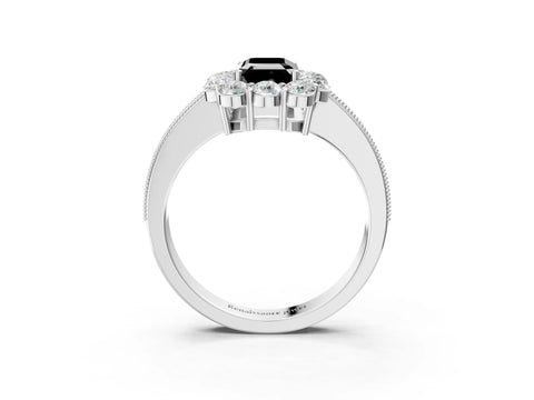 White gold Fancy Black Emerald Cut Cut Halo Diamond Pavé Engagement Ring with Milgrain Detailing_39