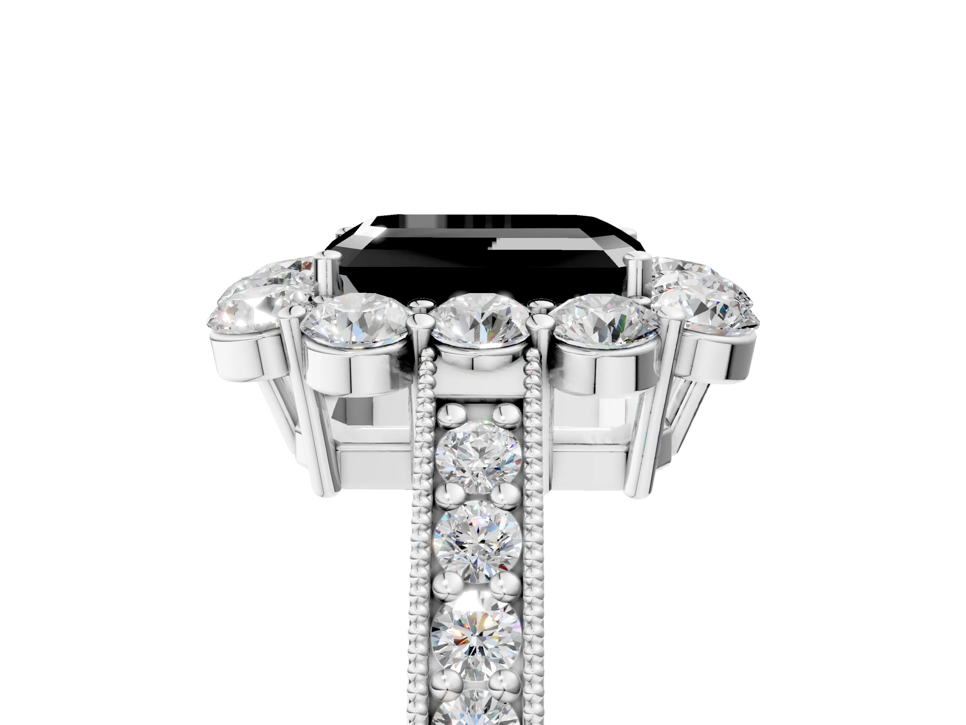 White gold Fancy Black Emerald Cut Cut Halo Diamond Pavé Engagement Ring with Milgrain Detailing_41