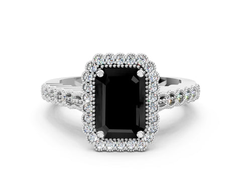 White gold Fancy Black Emerald Cut Cut Halo Pavé Solitaire Ring with Milgrain Band_12
