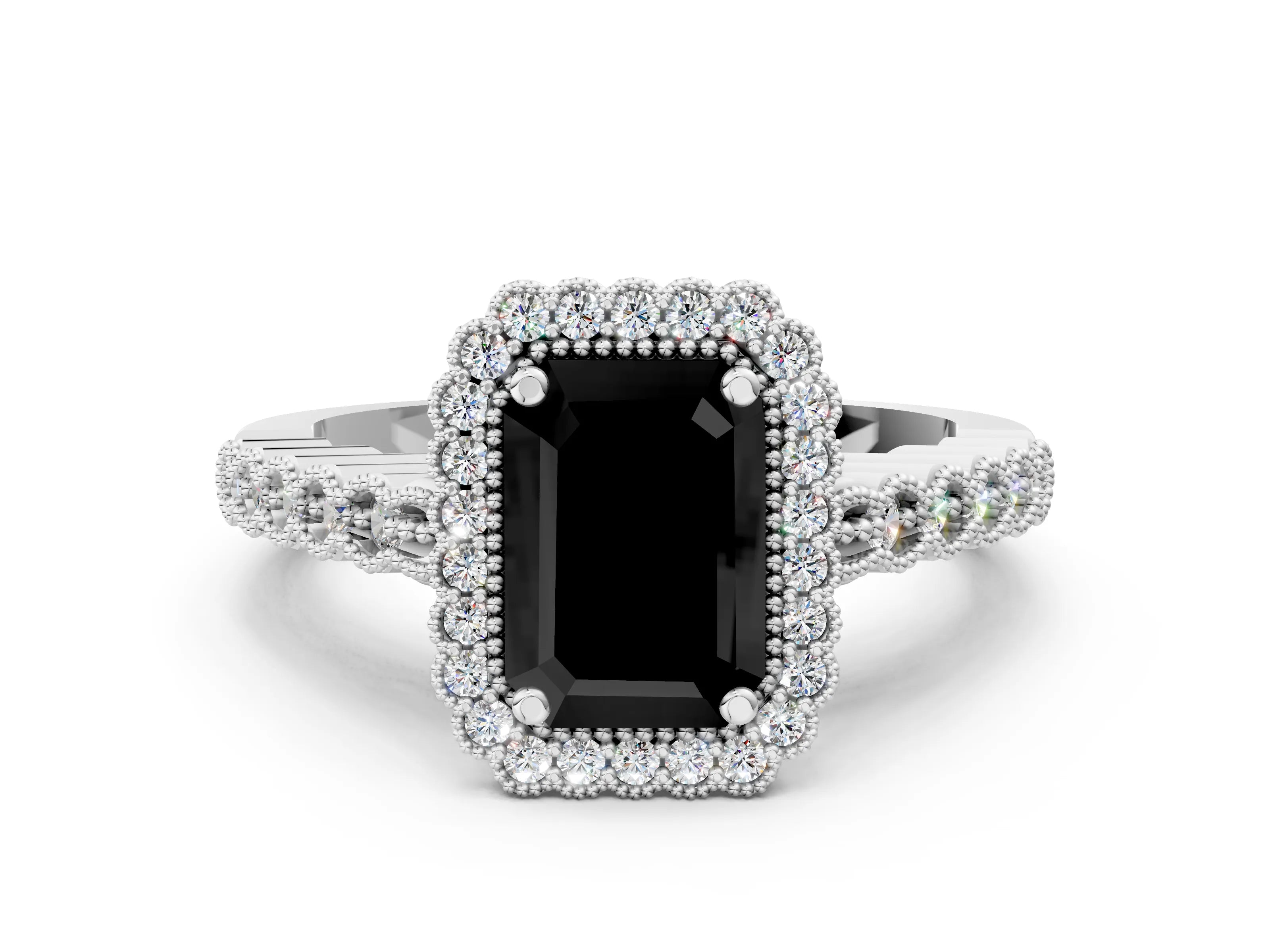 White gold Fancy Black Emerald Cut Cut Halo Pavé Solitaire Ring with Milgrain Band_12
