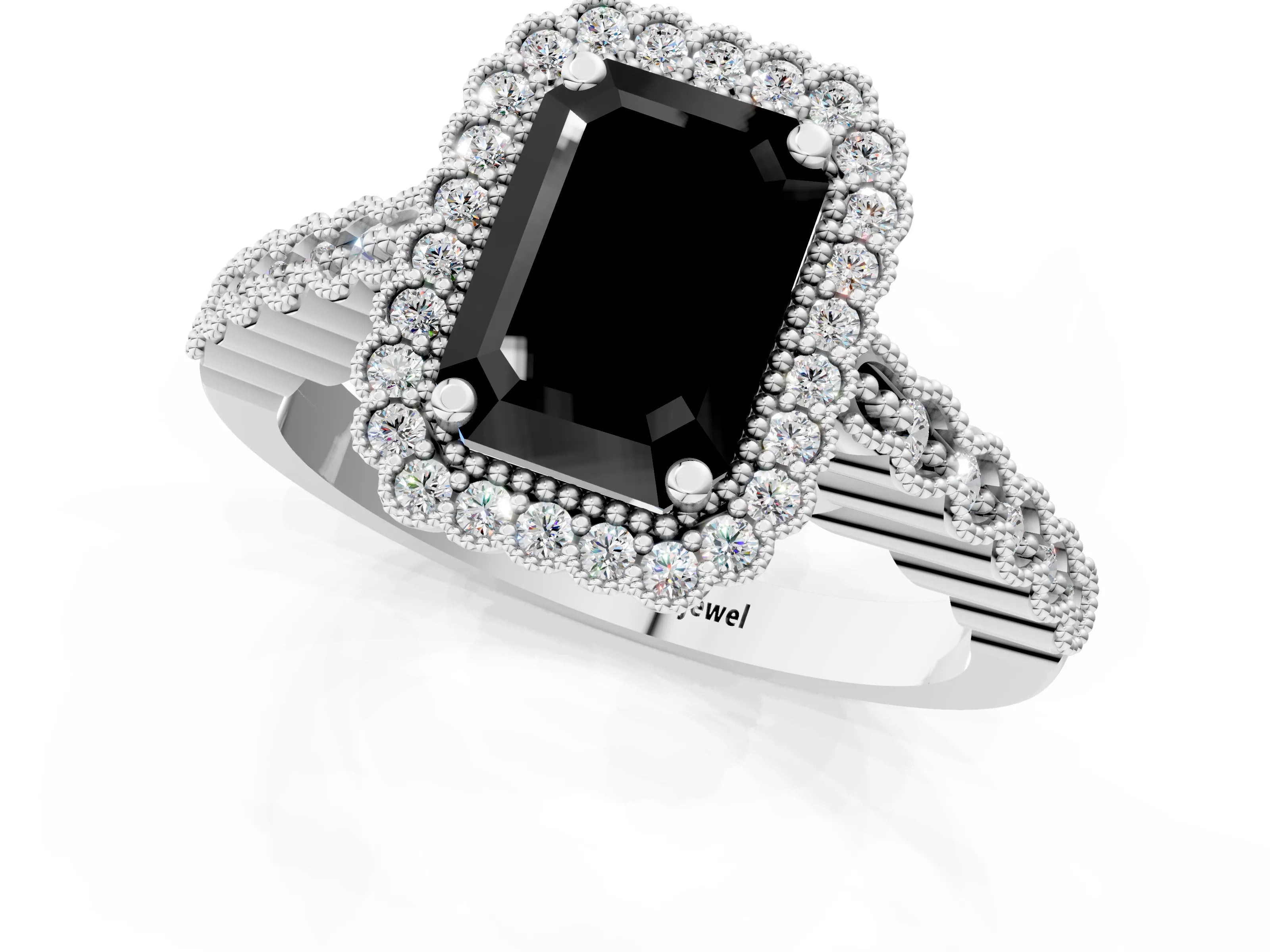 White gold Fancy Black Emerald Cut Cut Halo Pavé Solitaire Ring with Milgrain Band_13