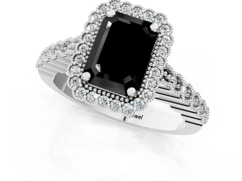 White gold Fancy Black Emerald Cut Cut Halo Pavé Solitaire Ring with Milgrain Band_13