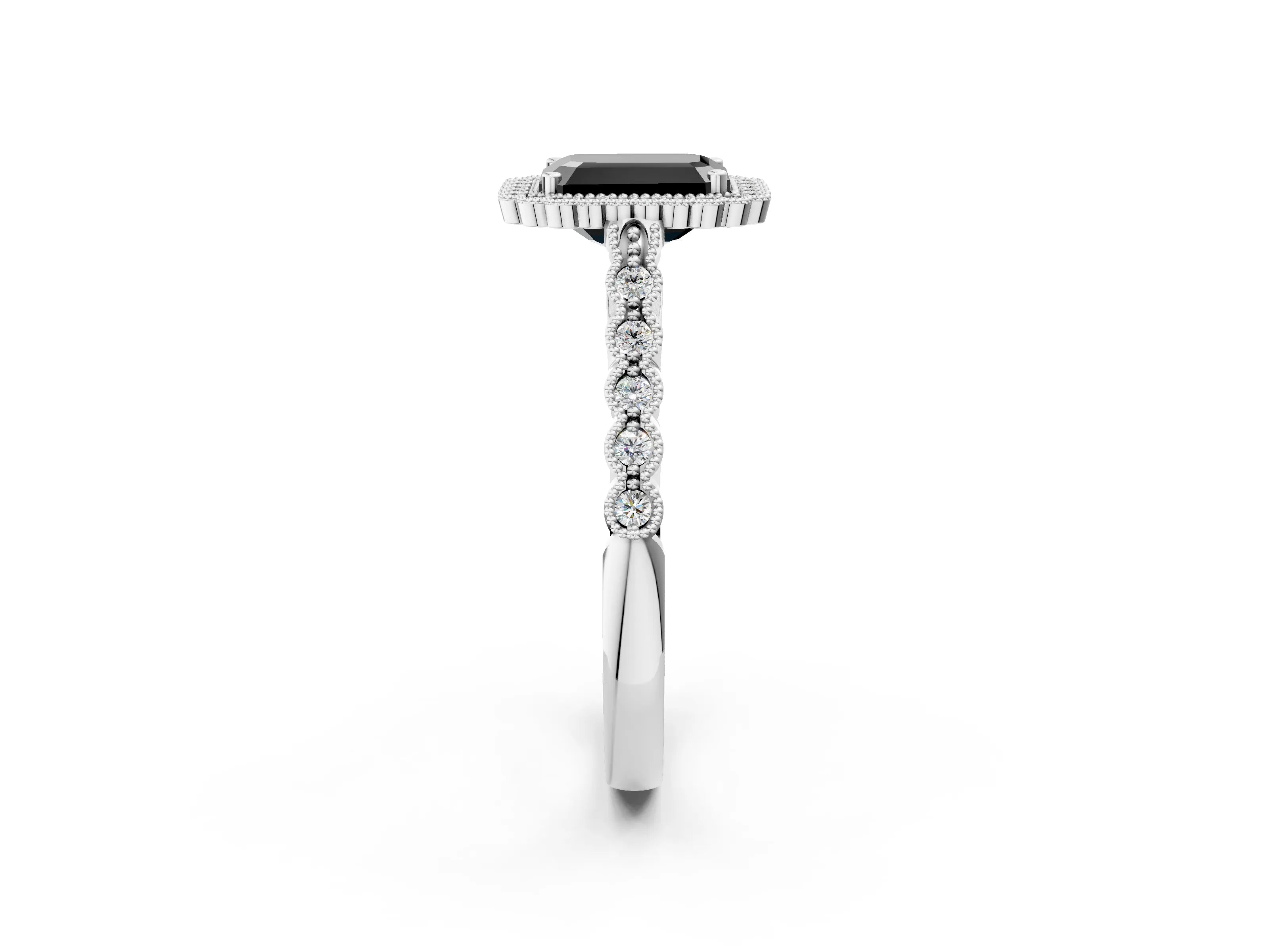 White gold Fancy Black Emerald Cut Cut Halo Pavé Solitaire Ring with Milgrain Band_14