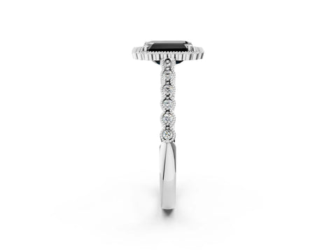 White gold Fancy Black Emerald Cut Cut Halo Pavé Solitaire Ring with Milgrain Band_14