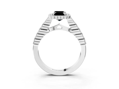 White gold Fancy Black Emerald Cut Cut Halo Pavé Solitaire Ring with Milgrain Band_15