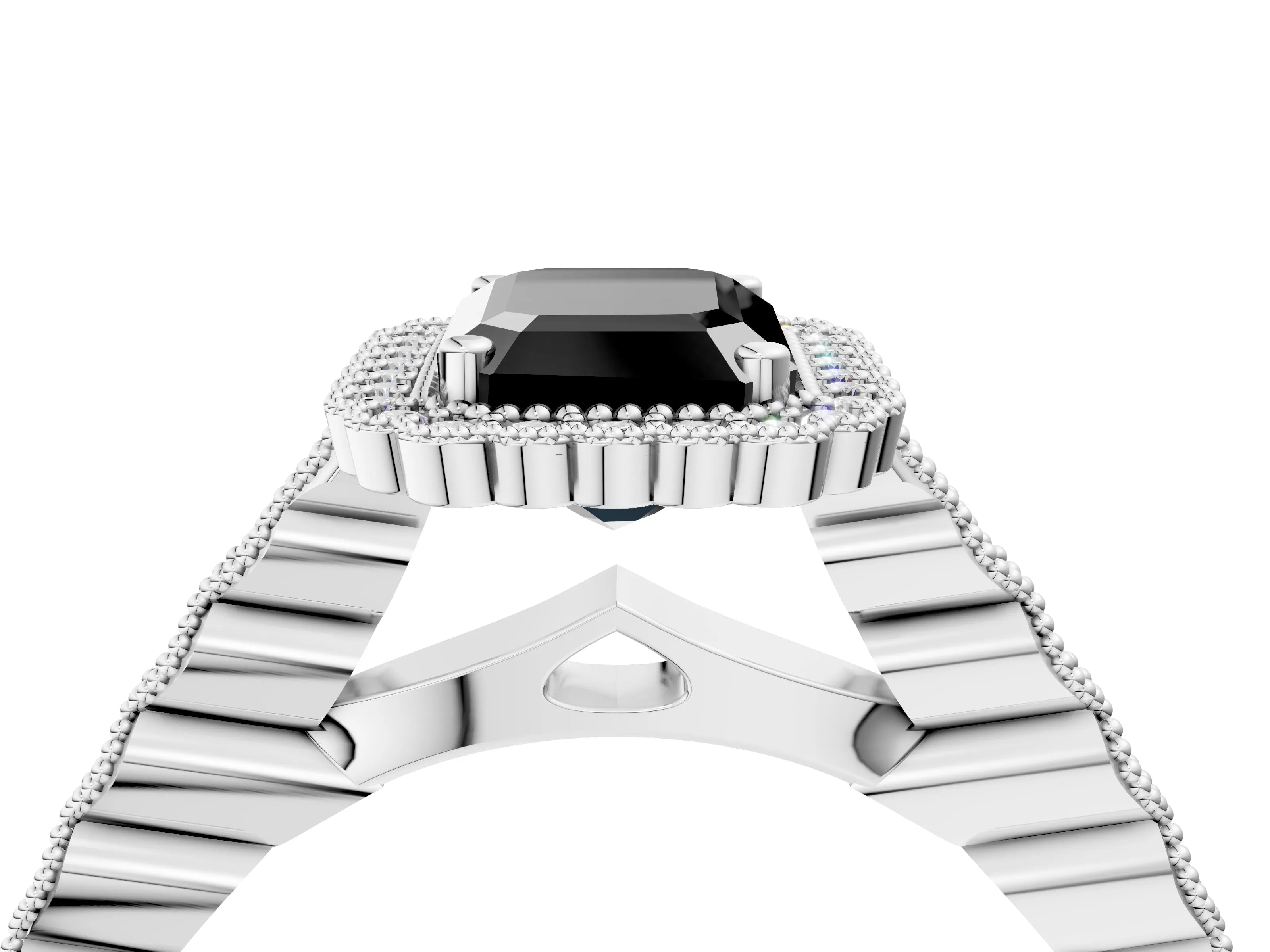 White gold Fancy Black Emerald Cut Cut Halo Pavé Solitaire Ring with Milgrain Band_16