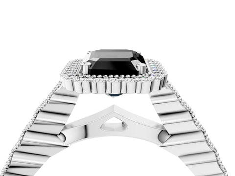 White gold Fancy Black Emerald Cut Cut Halo Pavé Solitaire Ring with Milgrain Band_16